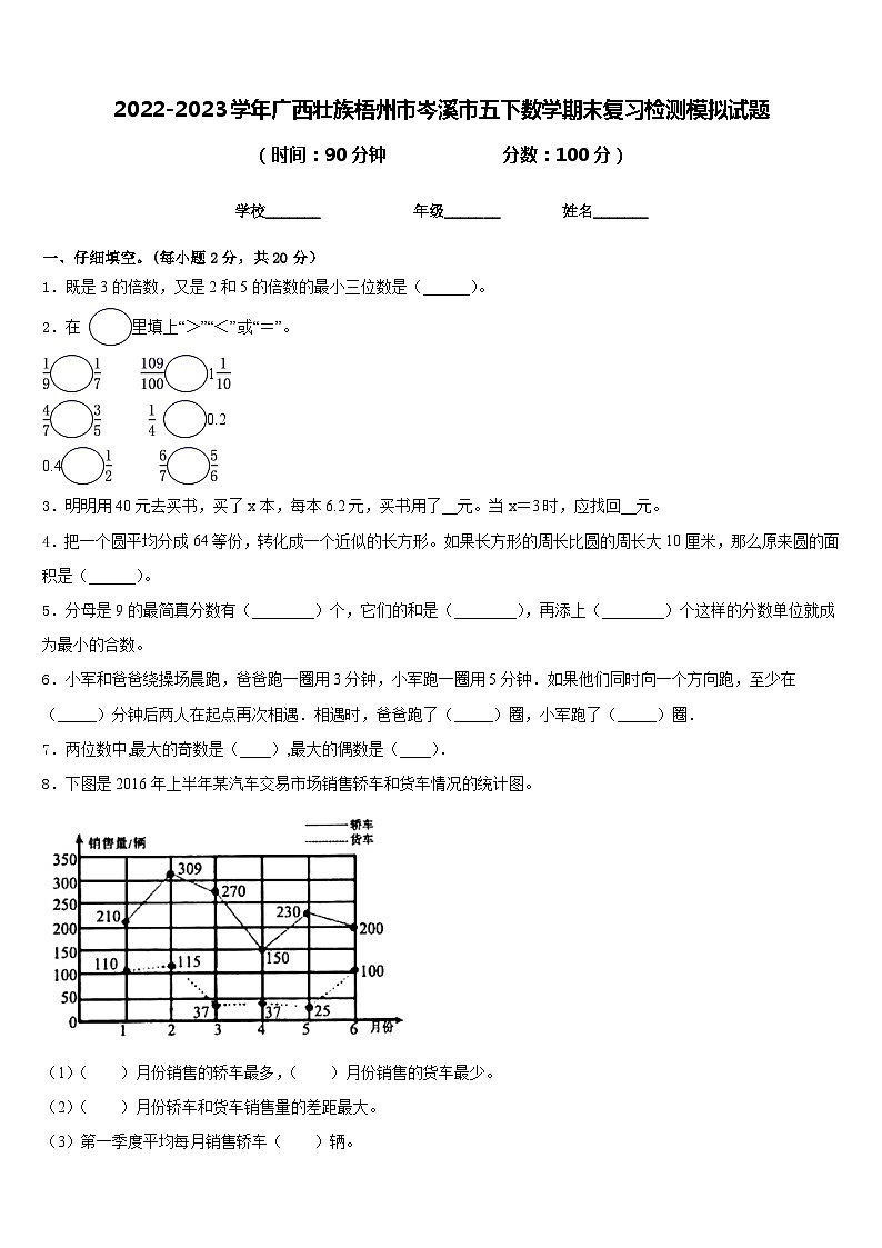 2022-2023学年广西壮族梧州市岑溪市五下数学期末复习检测模拟试题含答案第1页