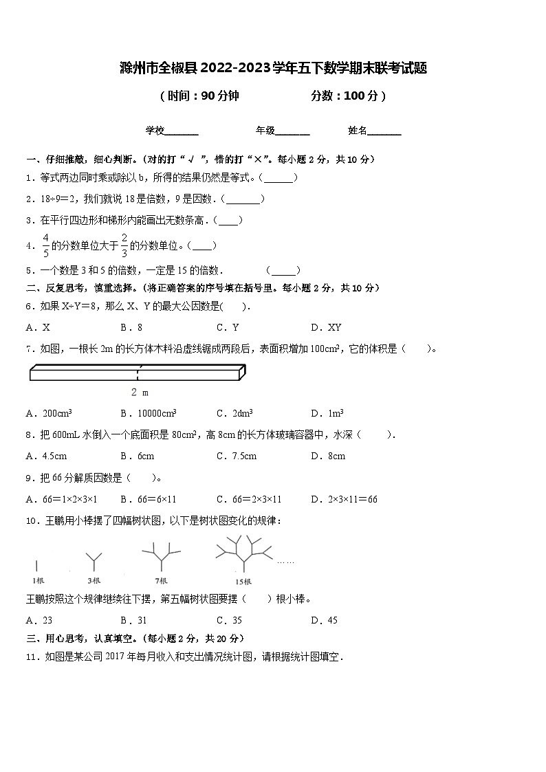 滁州市全椒县2022-2023学年五下数学期末联考试题含答案第1页