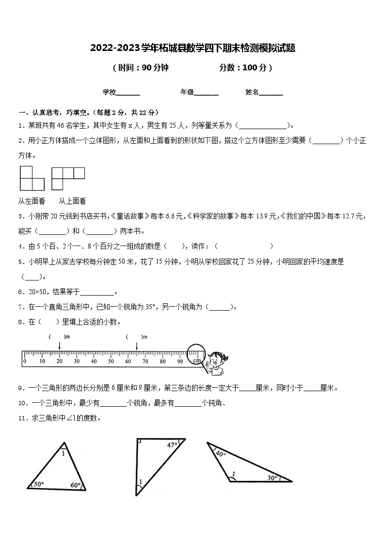 2022-2023学年柘城县数学四下期末检测模拟试题含答案第1页