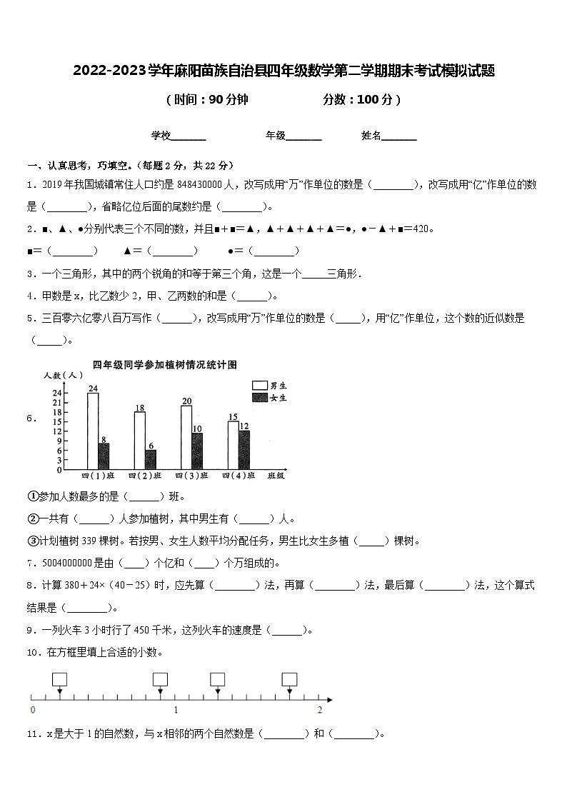 2022-2023学年麻阳苗族自治县四年级数学第二学期期末考试模拟试题含答案第1页