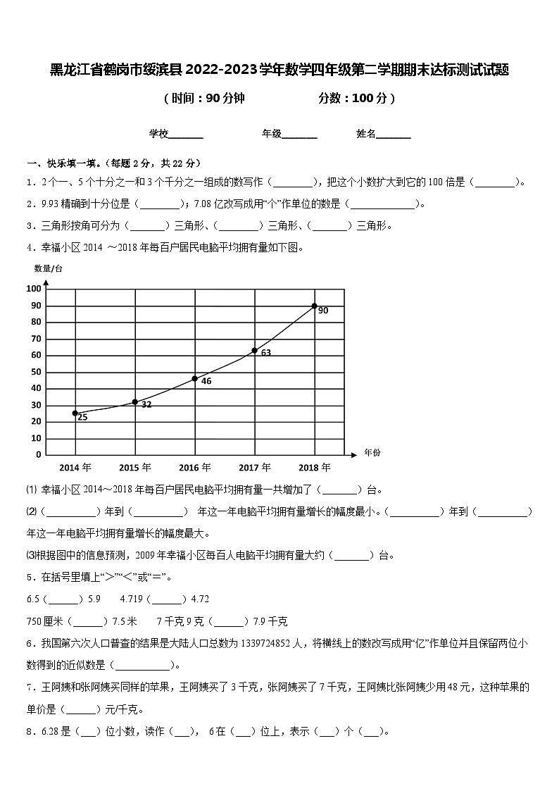 黑龙江省鹤岗市绥滨县2022-2023学年数学四年级第二学期期末达标测试试题含答案第1页