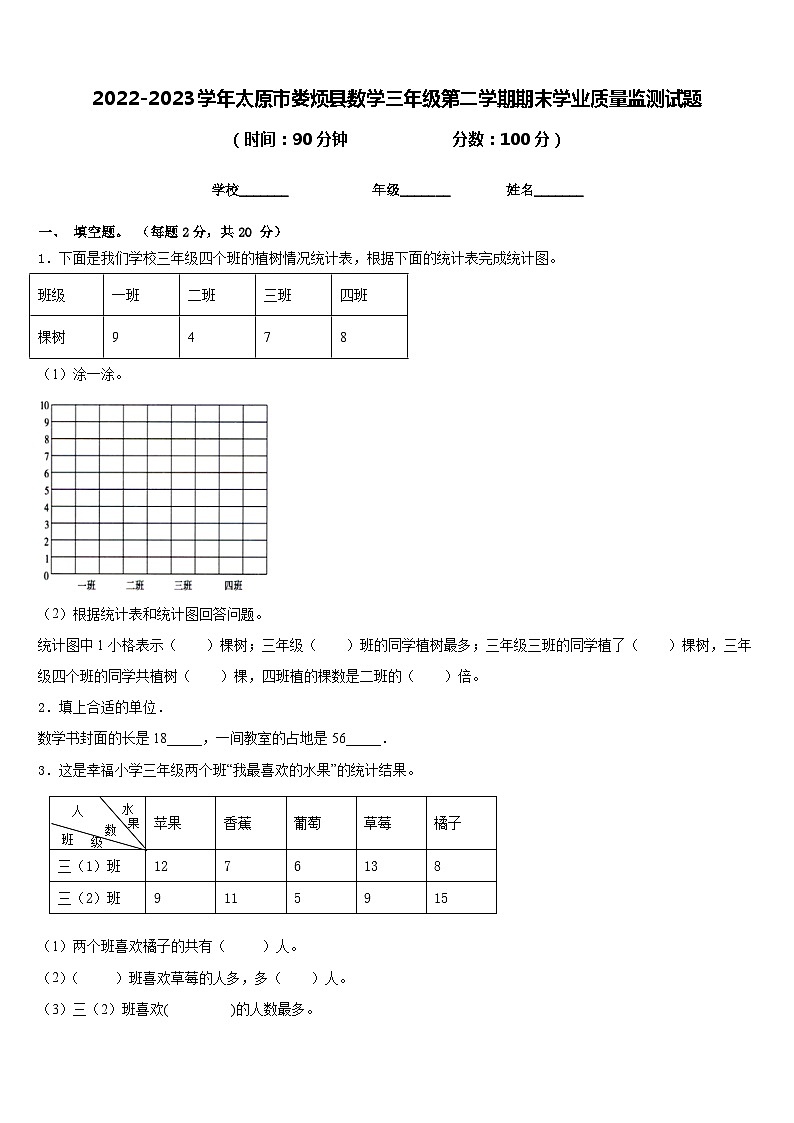 2022-2023学年太原市娄烦县数学三年级第二学期期末学业质量监测试题含答案第1页