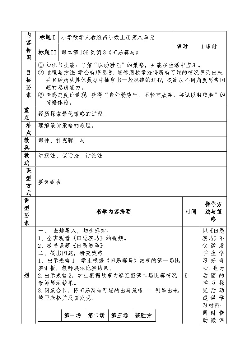 数学广角《田忌赛马最优策略》(教案)人教版四年级上册数学01