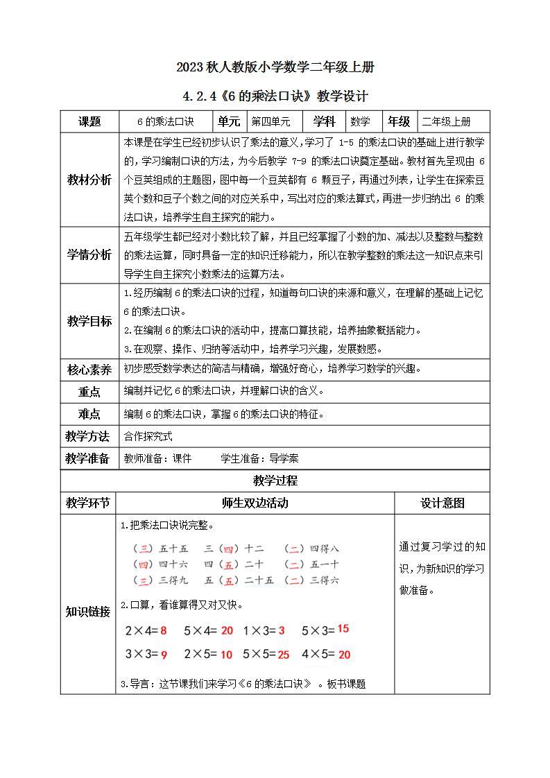 【核心素养】人教版数学二年级上册-4.2.4 6的乘法口诀 课件+教案+学案+分层作业（含教学反思和答案）01