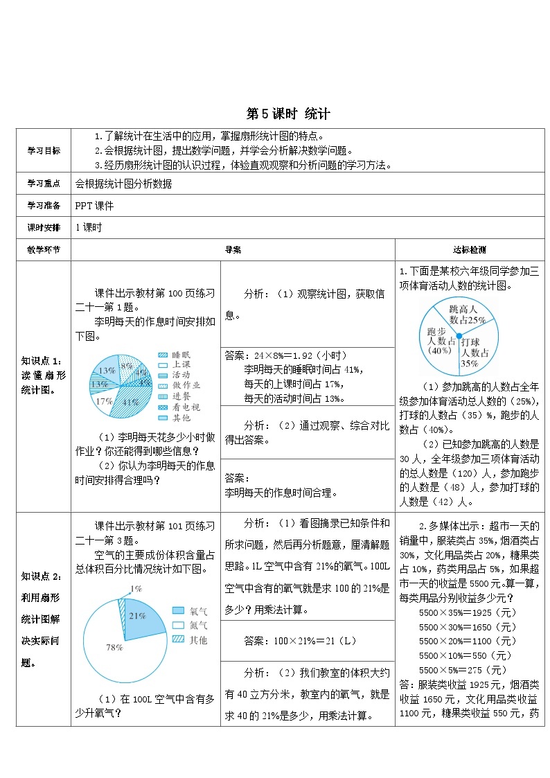 人教版小学数学6上 9《总复习》第5课时 统计 导学案01