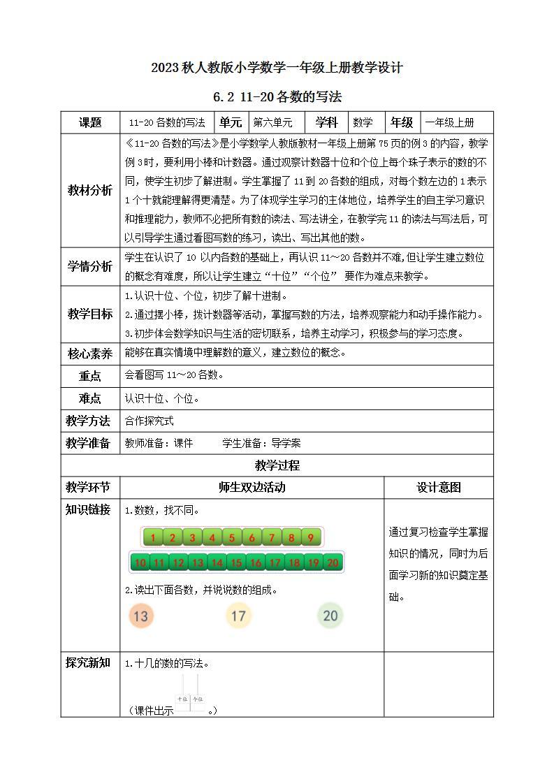 【核心素养】人教版数学一年级上册-6.2 11-20各数的写法 课件+教案+学案+分层作业（含教学反思和答案）01