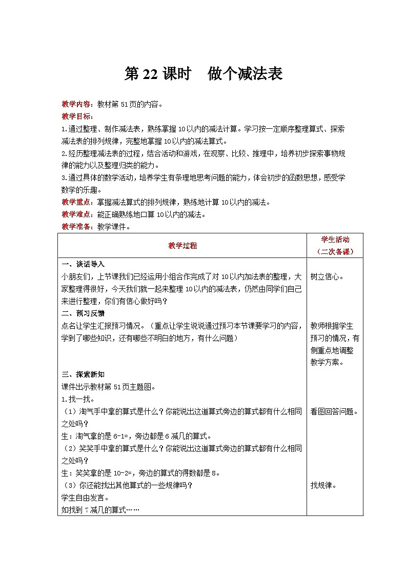 【同步教案】北师大版数学一年级上册--3.11 做个减法表 教案含反思(表格式)01