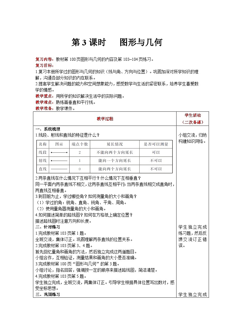 【同步教案】北师大版数学四年级上册--总复习 第3课时 图形与几何 精品教案01