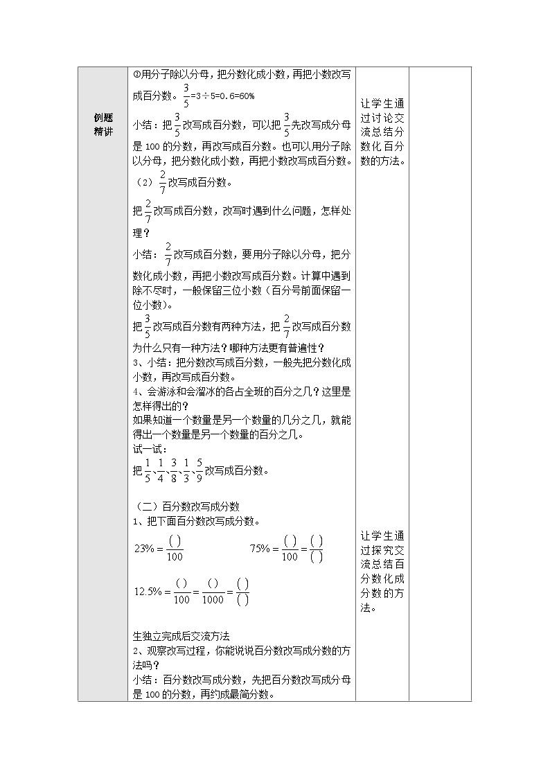 【同步教案】苏教版数学六年级上册--6.4百分数和分数的相互改写 表格式教案02
