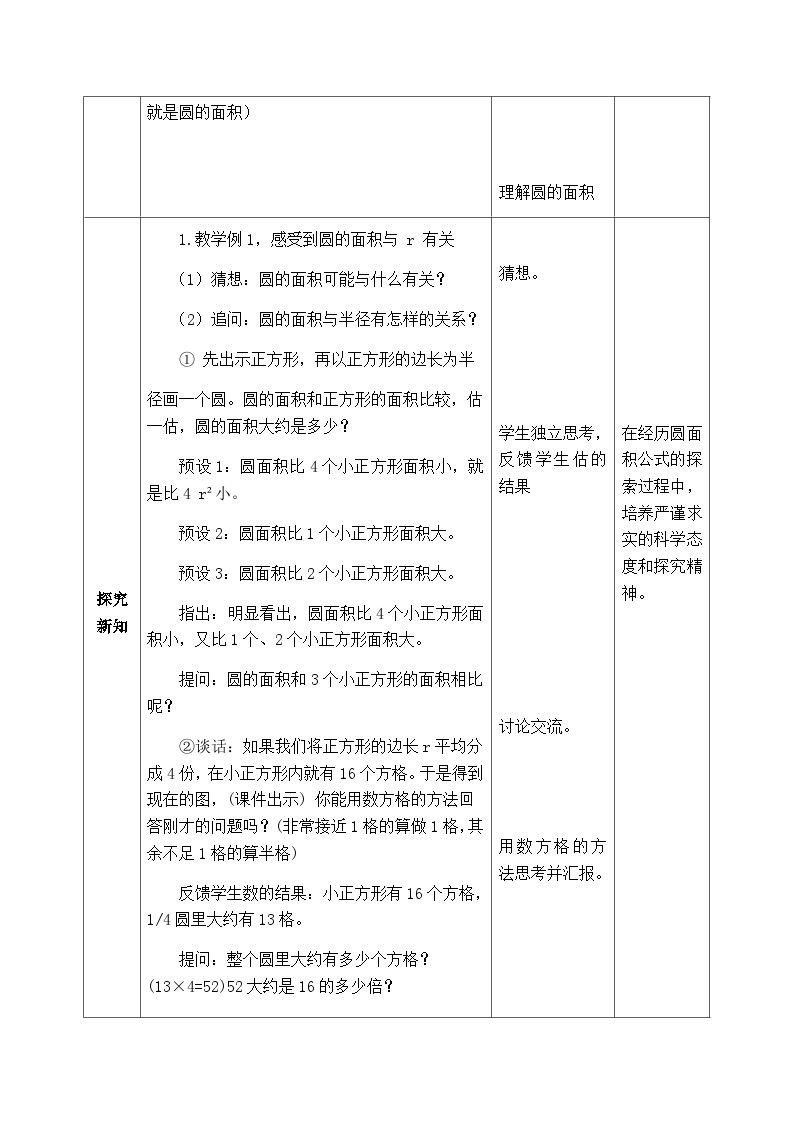 【同步教案】西师大版数学六年级上册-- 2.3圆的面积 （表格式）教案02