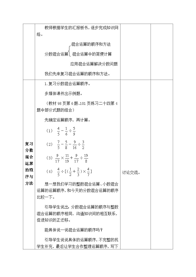 【同步教案】西师大版数学六年级上册-- 9.3分数混合运算  总复习 （表格式）教案02