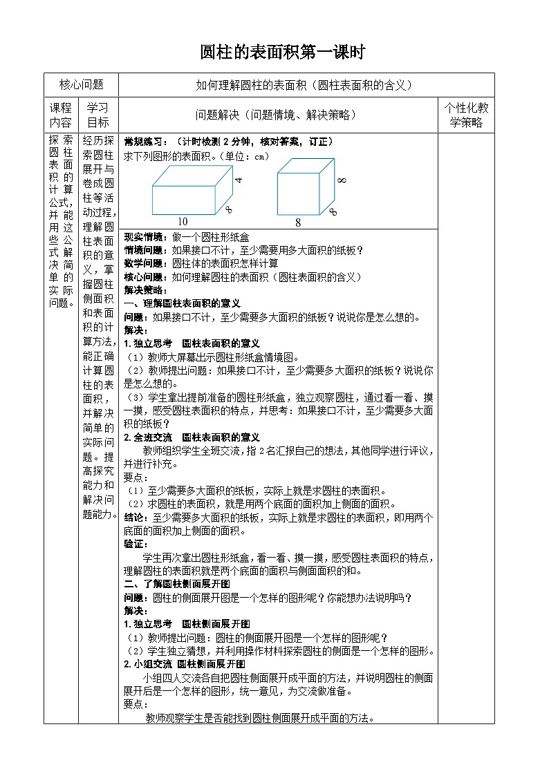 3.《圓柱的表面積》第一課時(shí)備課記錄表 盧麗第1頁(yè)