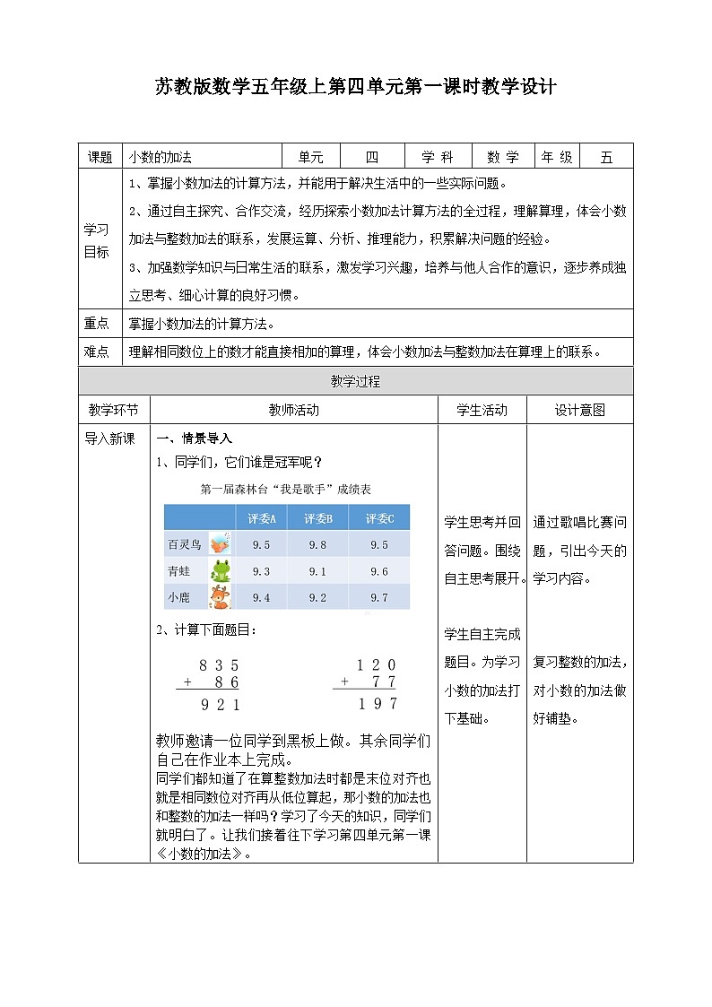 4.1《小数的加法》—苏教版小学数学五年级上册教学设计第1页