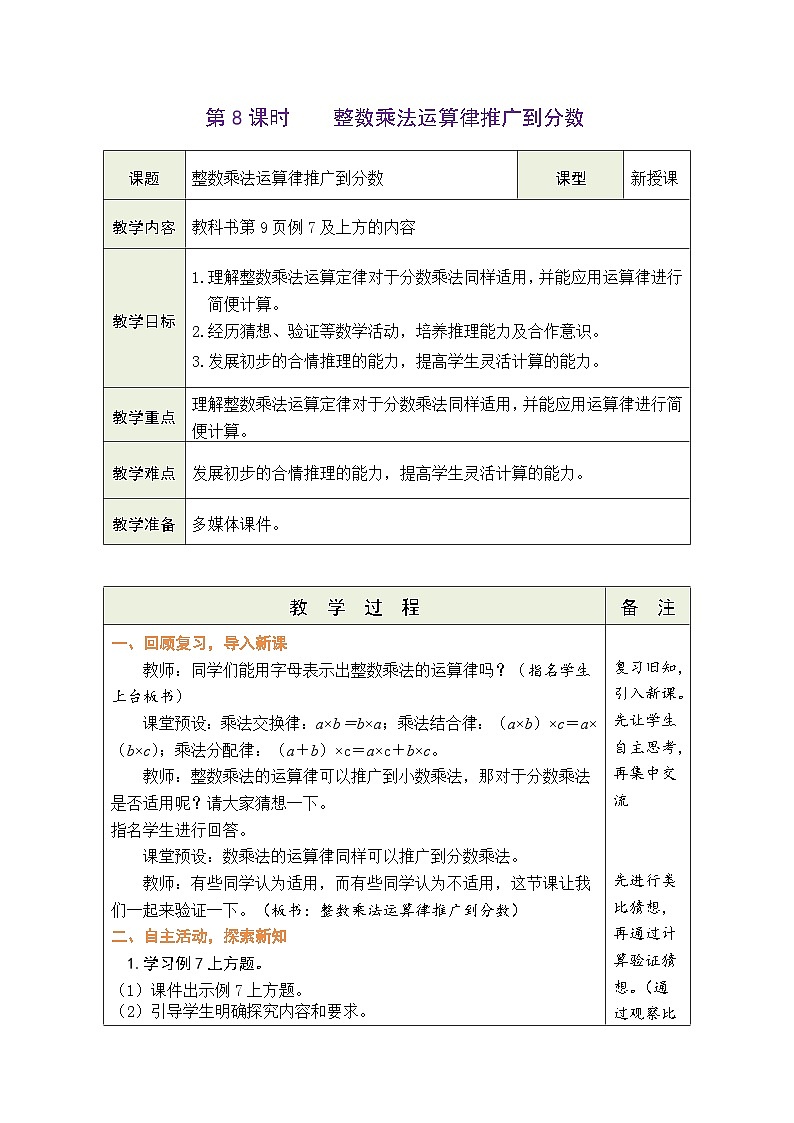 1.8 整数乘法运算律推广到分数(教案)人教版六年级上册数学01