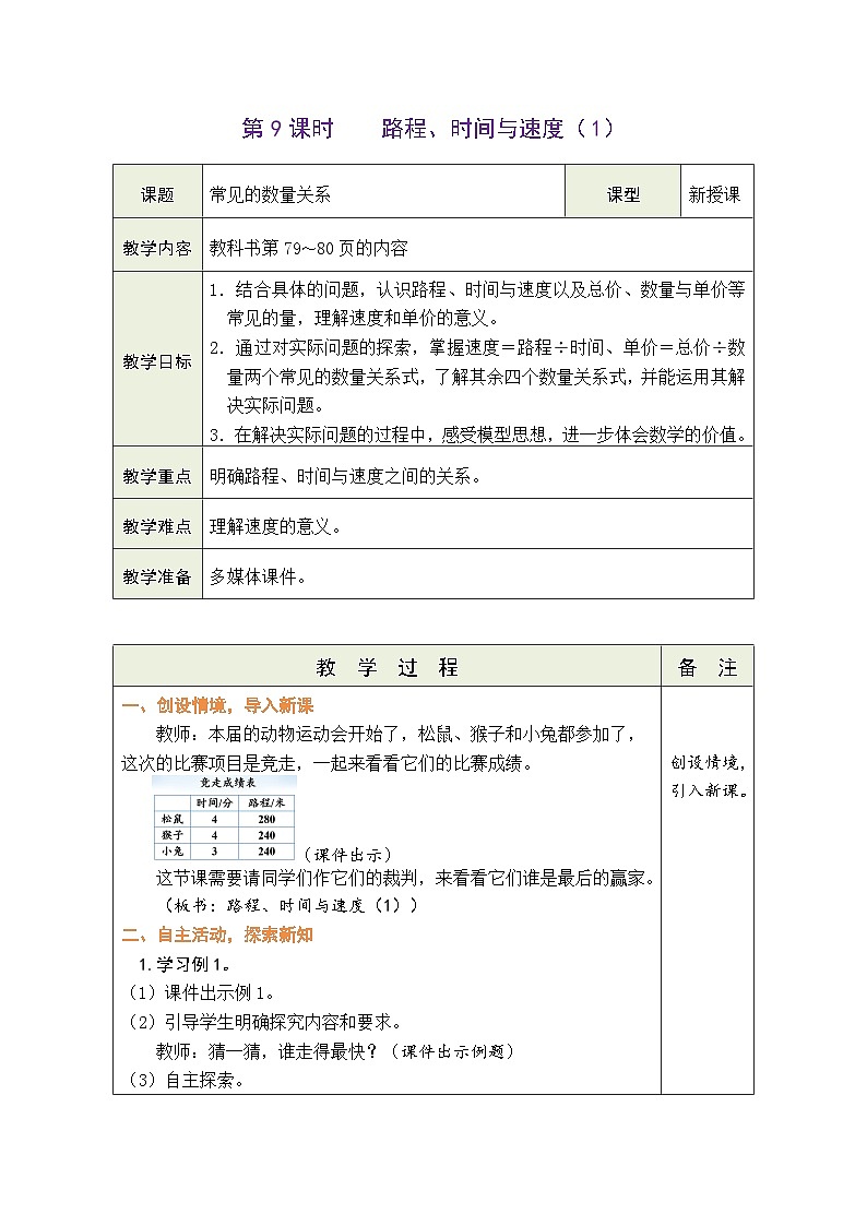 6.9 路程、时间和速度(1)(教案)北师大版四年级上册数学第1页