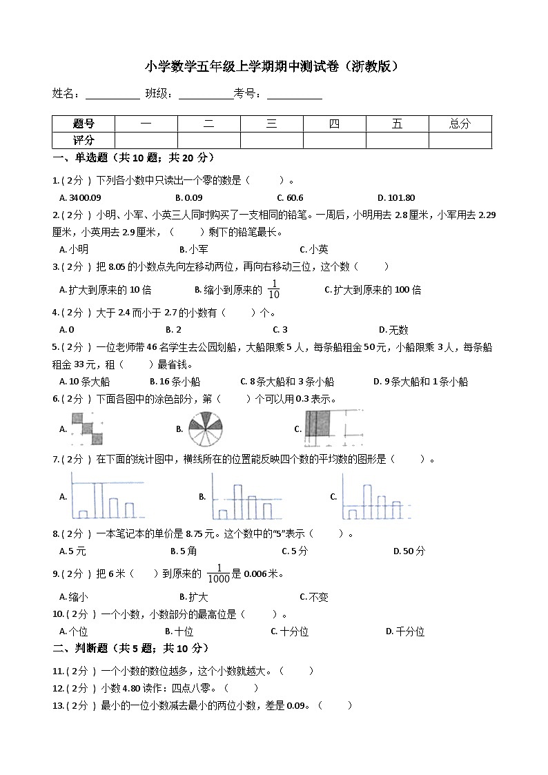 【期中测试卷】浙教版数学 五年级上册-期中测试卷(含答案、解析)第1页