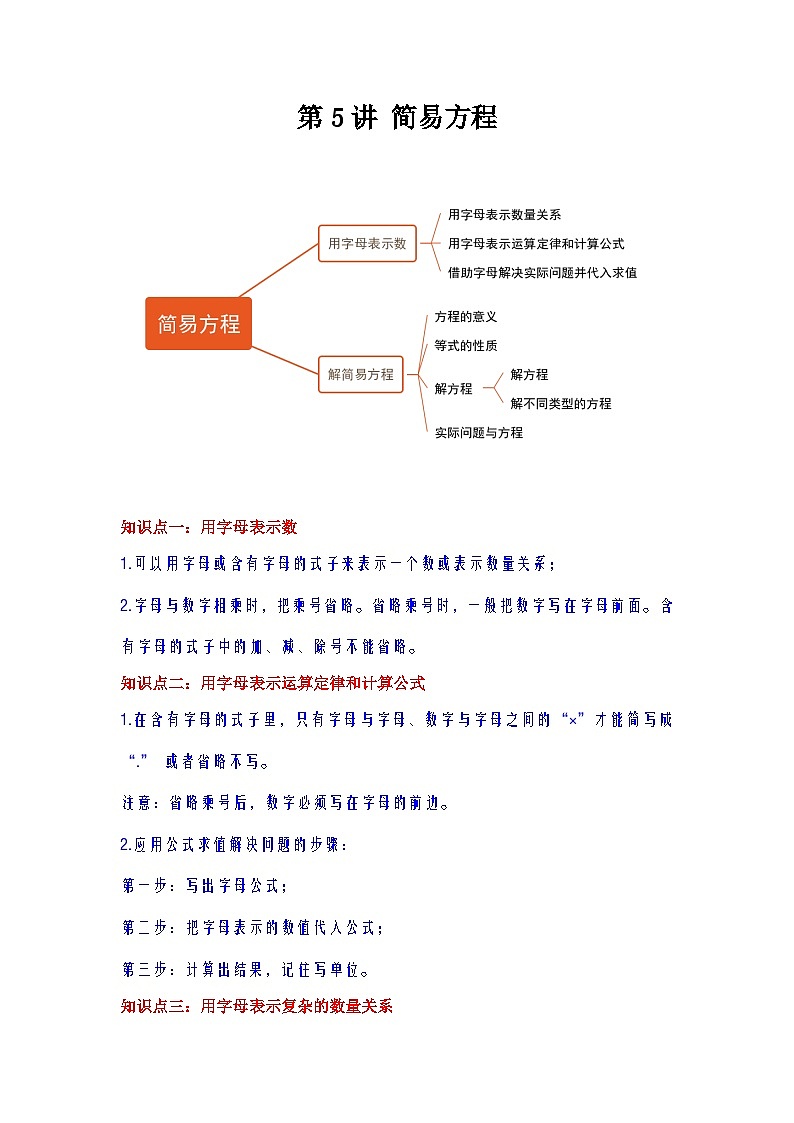 【单元复习】人教版数学五年级上册--第5讲《简易方程》知识点+考点讲义(教师版+学生版).zip01