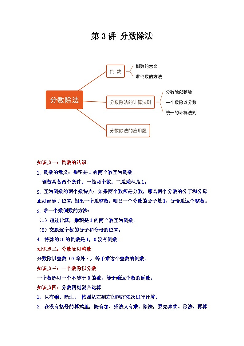 【单元复习】人教版数学六年级上册--第3讲《分数除法》知识点+考点讲义(学生版)第1页