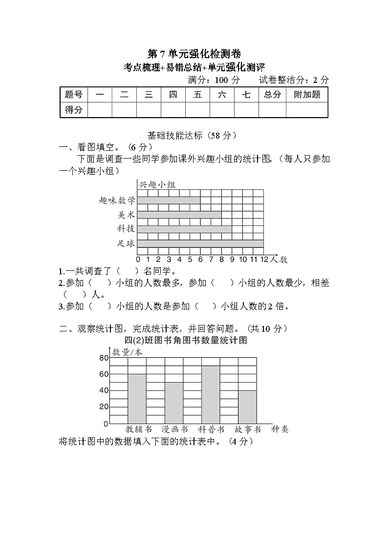 人教版四年级数学上册第7单元强化检测卷第1页