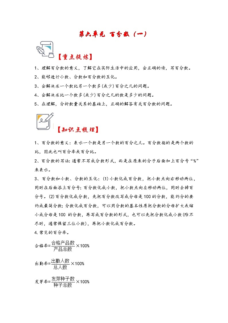 第六单元 百分数(一)(知识解读·真题演练) -2023-2024学年六年级数学上册《知识解读·题型专练》(人教版)第1页