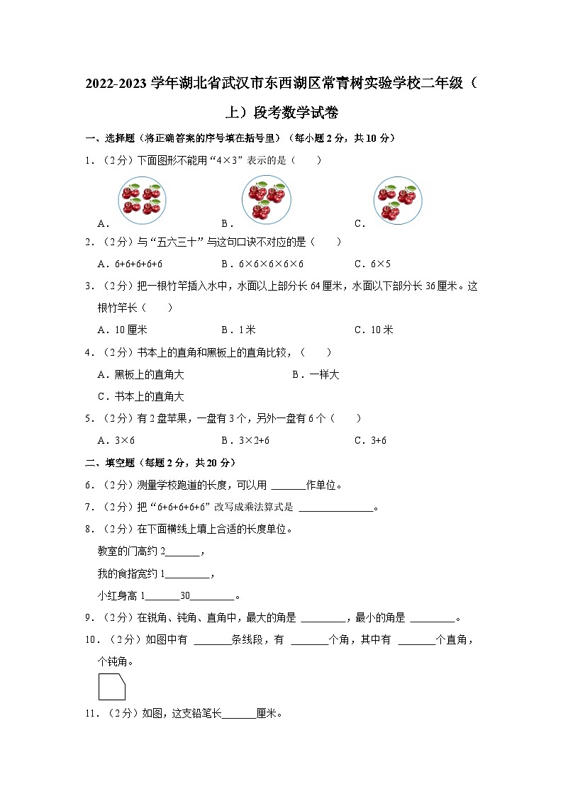 2022-2023学年湖北省武汉市东西湖区常青树实验学校二年级上学期期中数学试卷(含解析)第1页