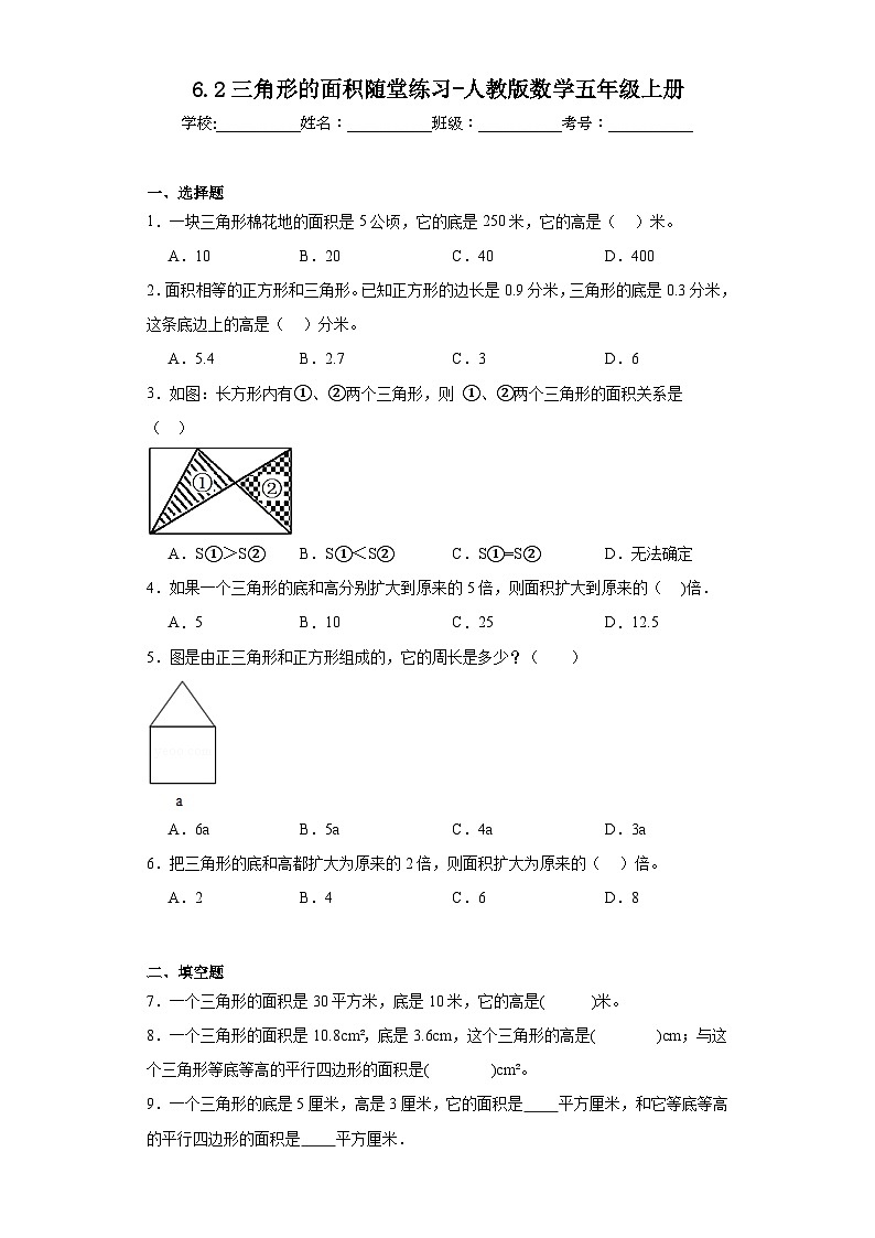 6.2三角形的面积随堂练习-人教版数学五年级上册第1页