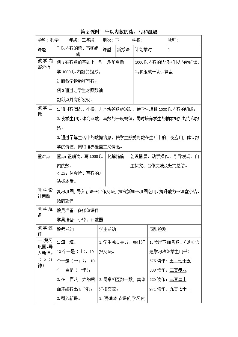 二年级下册数学导学案第七单元 第2课时 千以内数的读、写和组成_人教新课标第1页