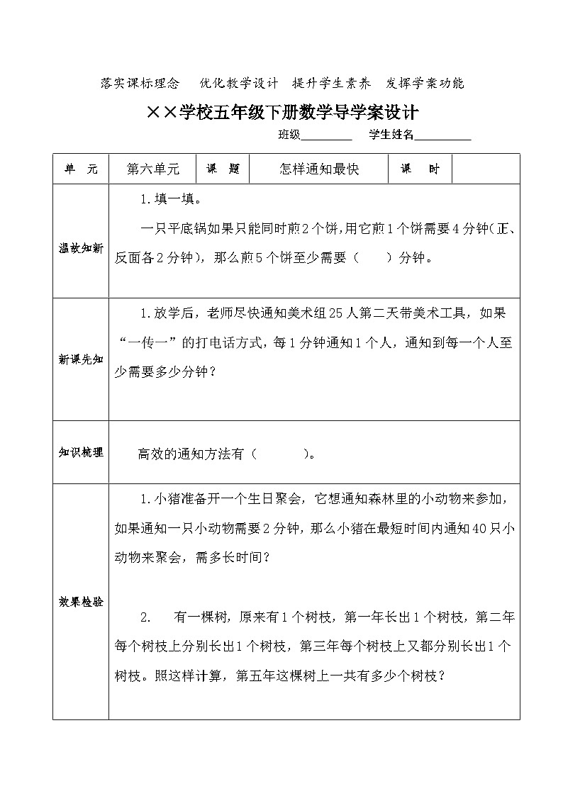 【核心素养】人教版小学数学五年级下册 6.8 怎样通知最快 导学案第1页