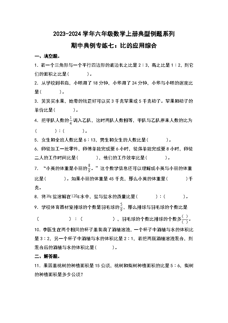 人教版2023-2024学年六年级数学上册典型例题系列期中典例专练七:比的应用综合(原卷版)第1页