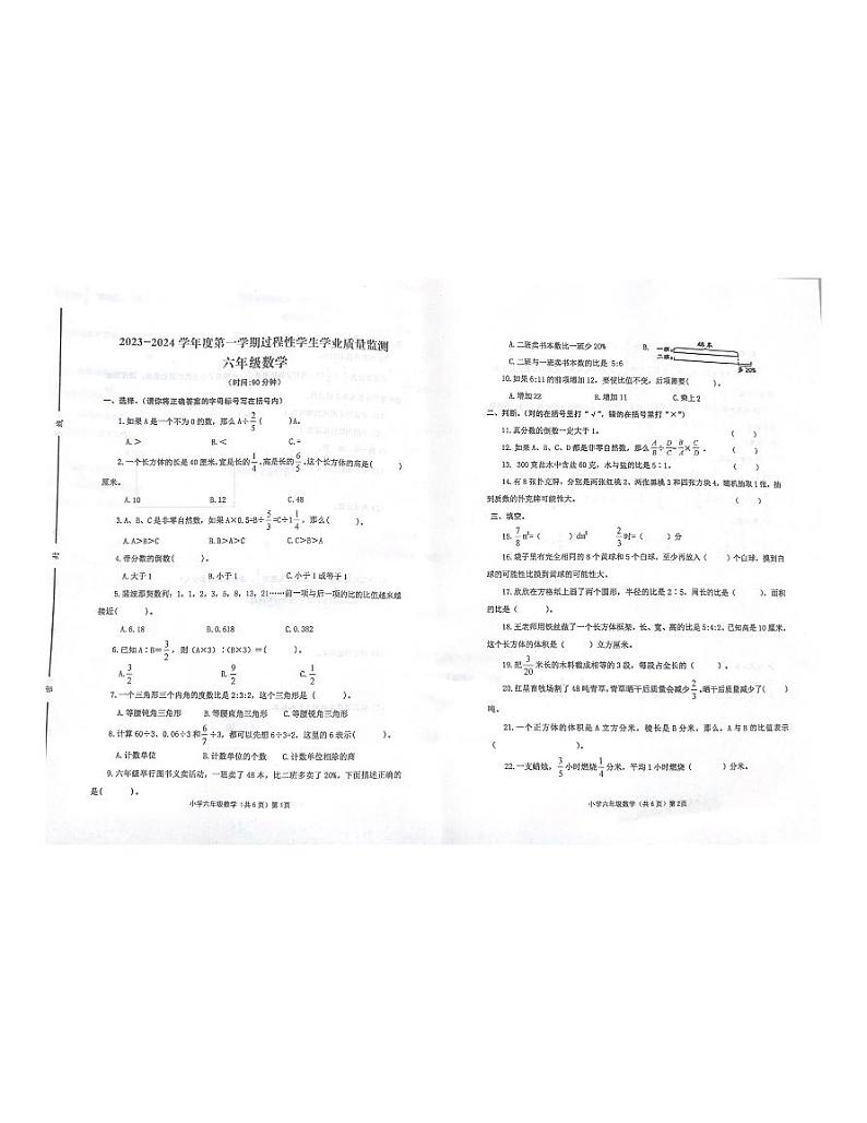 山东省青岛市平度市2023-2024学年六年级上学期期中考试数学试题01