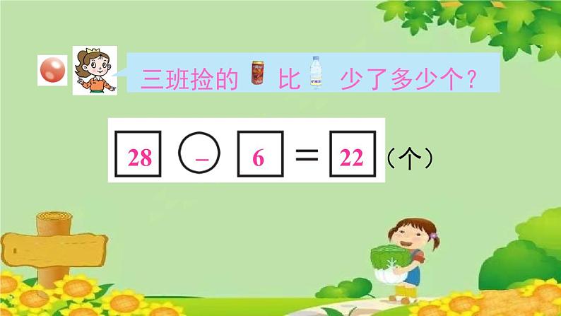 青岛版(六三制)数学一年级下册 五 绿色行动——100以内的加减法(一)-信息窗3 比多比少问题的解决、两位数减一位数(不退位)、两位数减整十数课件第6页