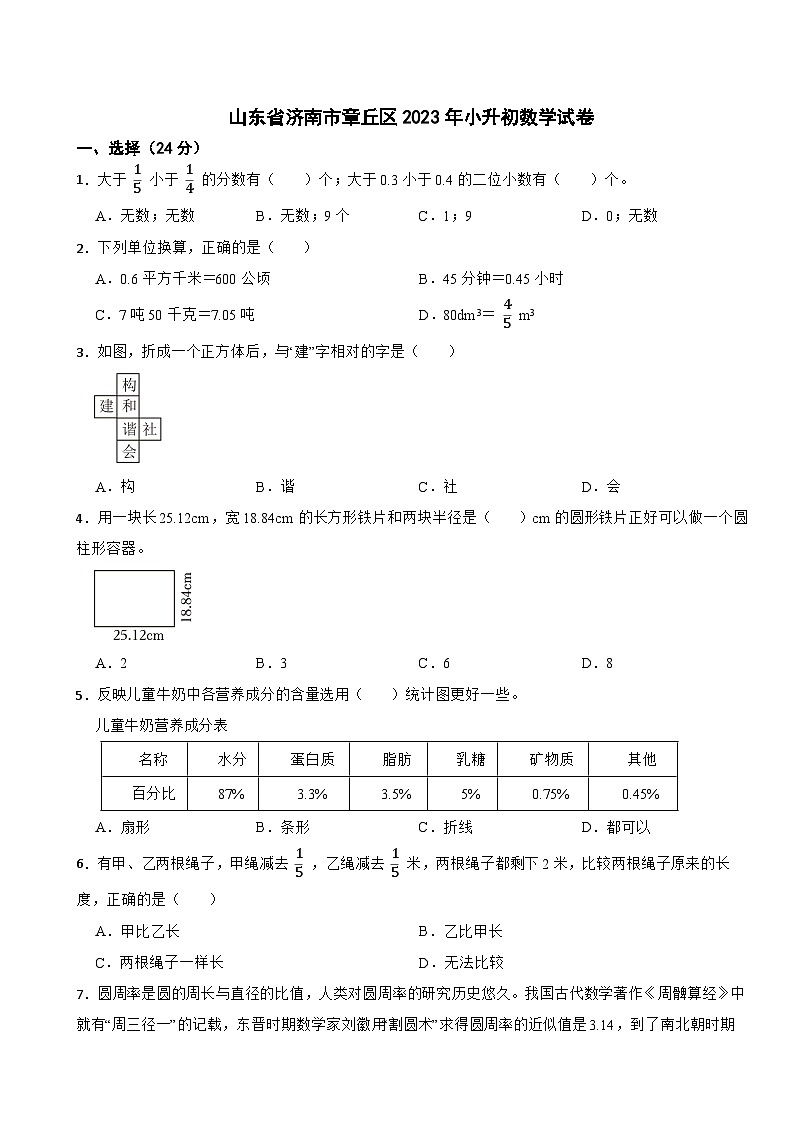 山东省济南市章丘区2022-2023学年六年级下学期期末数学试卷01