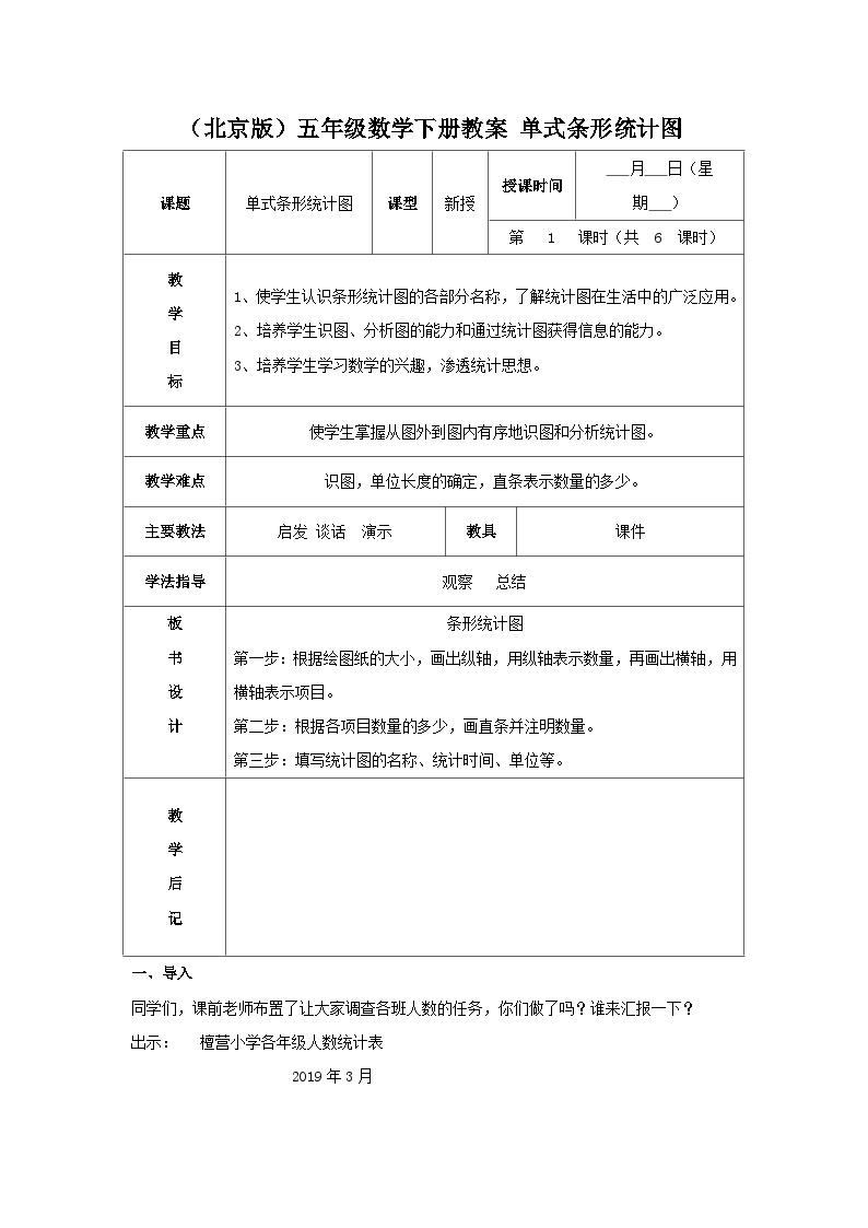 （北京版）五年级数学下册《单式条形统计图》 教案01
