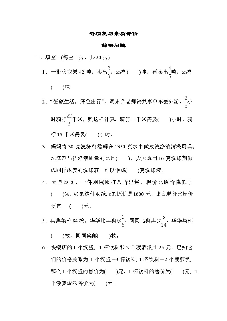 苏教版数学六上 解决问题 专项复习测评（含答案）01