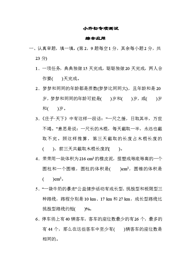 小升初专项测试 综合应用----六年级下册数学人教版第1页