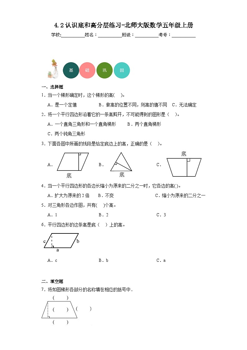 4.2认识底和高分层练习-北师大版数学五年级上册第1页