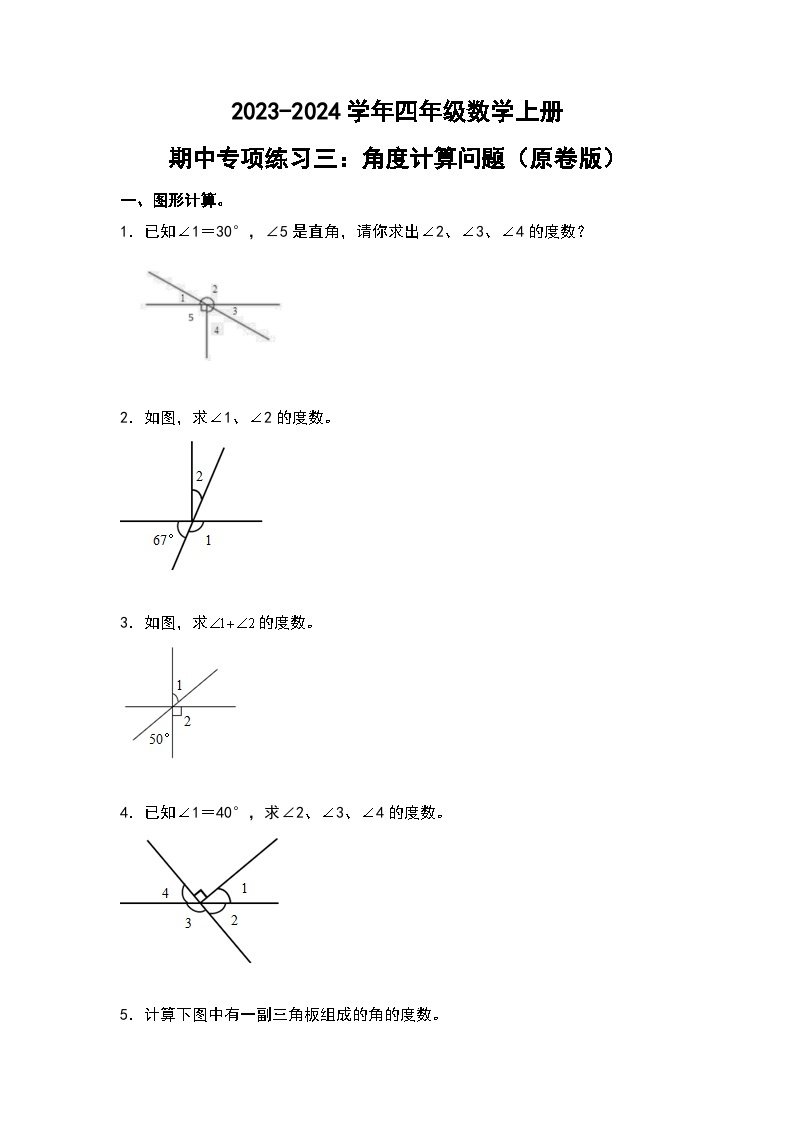 人教版2023-2024学年四年级数学上册期中专项练习三：角度计算问题（原卷版）01