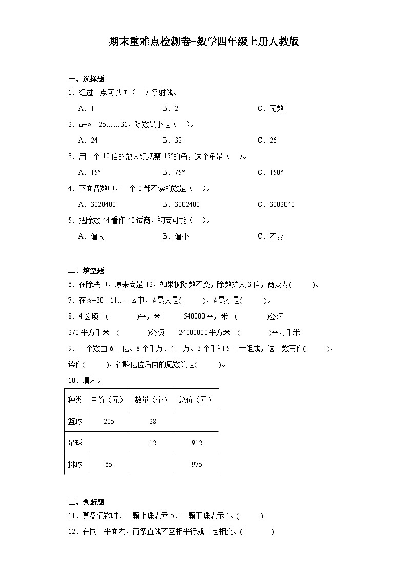 期末重难点检测卷(试题)-四年级上册数学人教版第1页