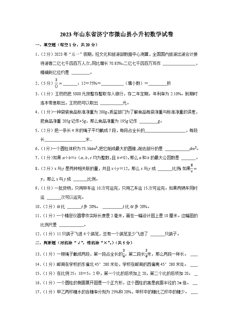 2023年山东省济宁市微山县小升初数学试卷01