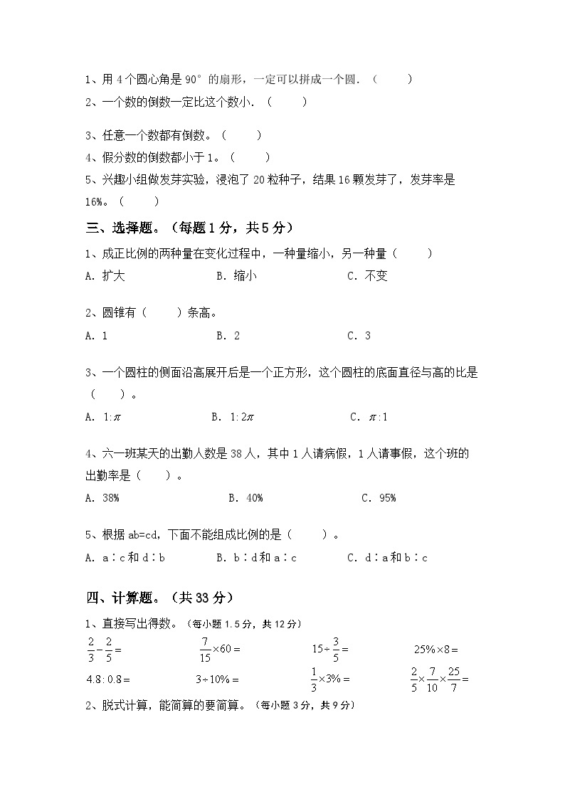 期末复习卷(试题) 六年级下册数学苏教版02