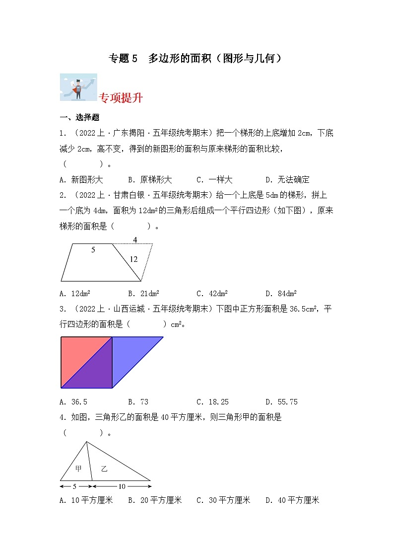专题5多边形的面积(图形与几何)-2023-2024学年五年级上册数学寒假专项提升(北师大版)第1页