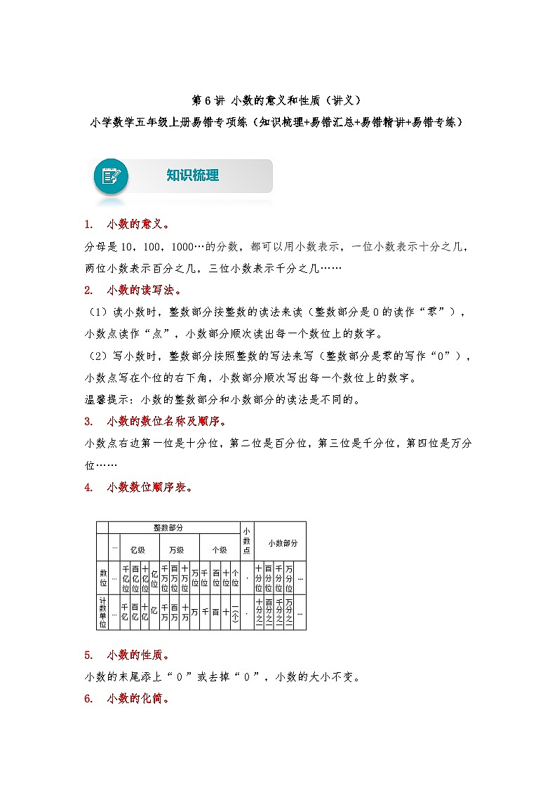 苏教版 小学数学五年级上册易错专项练(知识梳理+易错汇总+易错精讲+易错专练) 第6讲 小数的意义和性质(讲义)(含答案)01