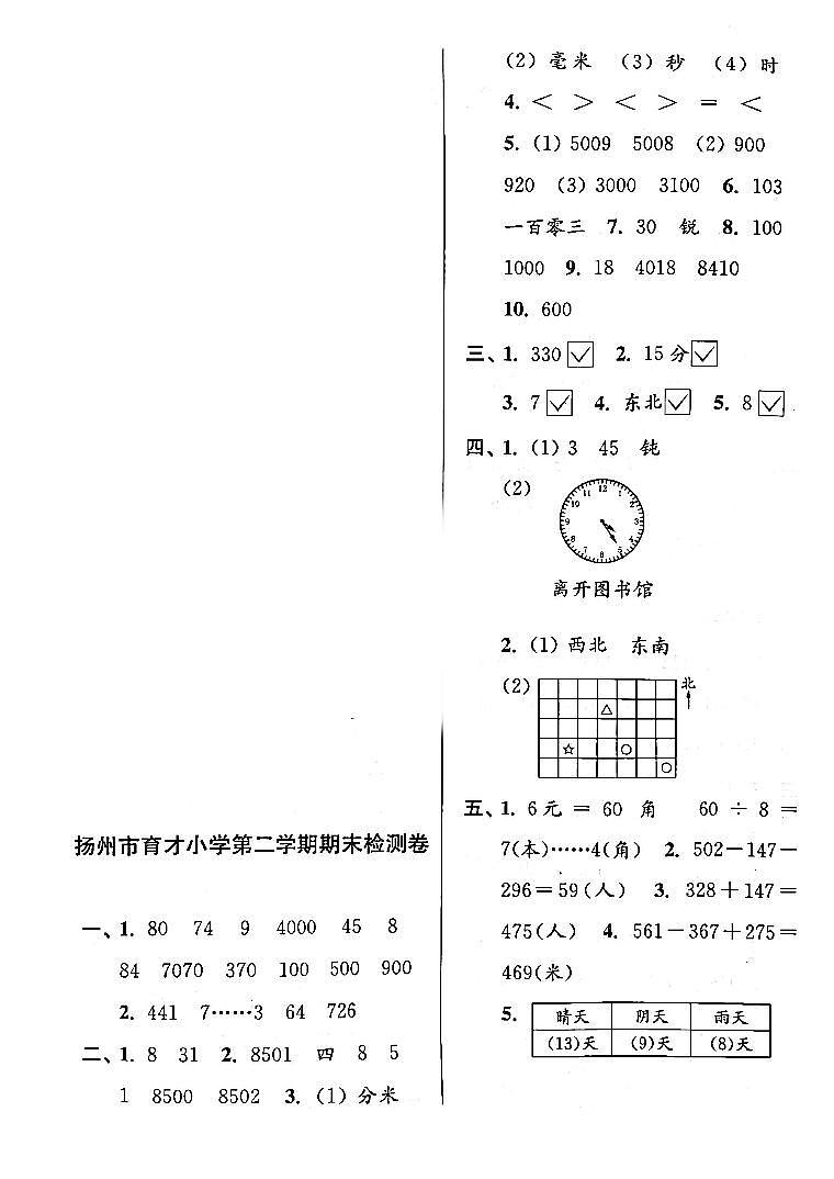 江苏省扬州市育才小学2022-2023学年二年级下学期期末检测数学试卷答案第1页