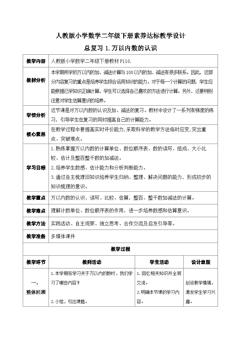 【核心素养】人教数学二下-总复习1. 万以内数的认识（课件+教案+学案+作业）01