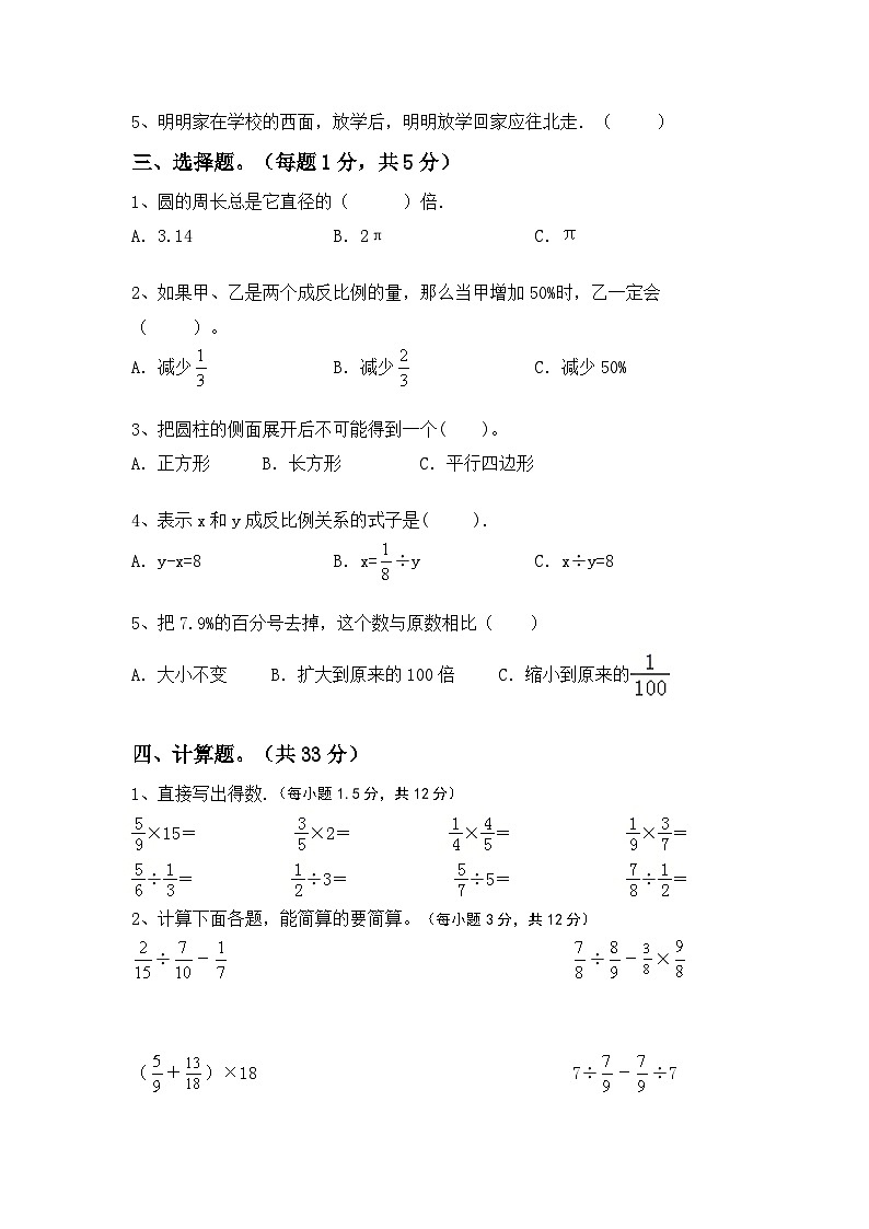 小升初综合复习(试题)+六年级下册北京版数学第2页