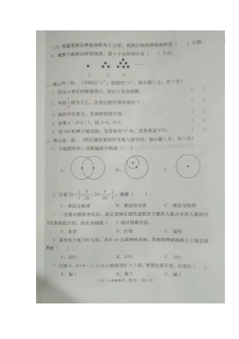 甘肃省陇南市西和县2023-2024学年六年级上学期期末考试数学试题第2页