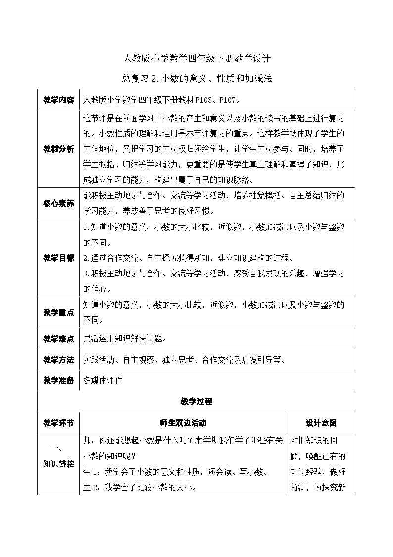 【核心素养】人教数学四下-总复习2.小数的意义、性质和加减法(课件+教案+学案+作业)01