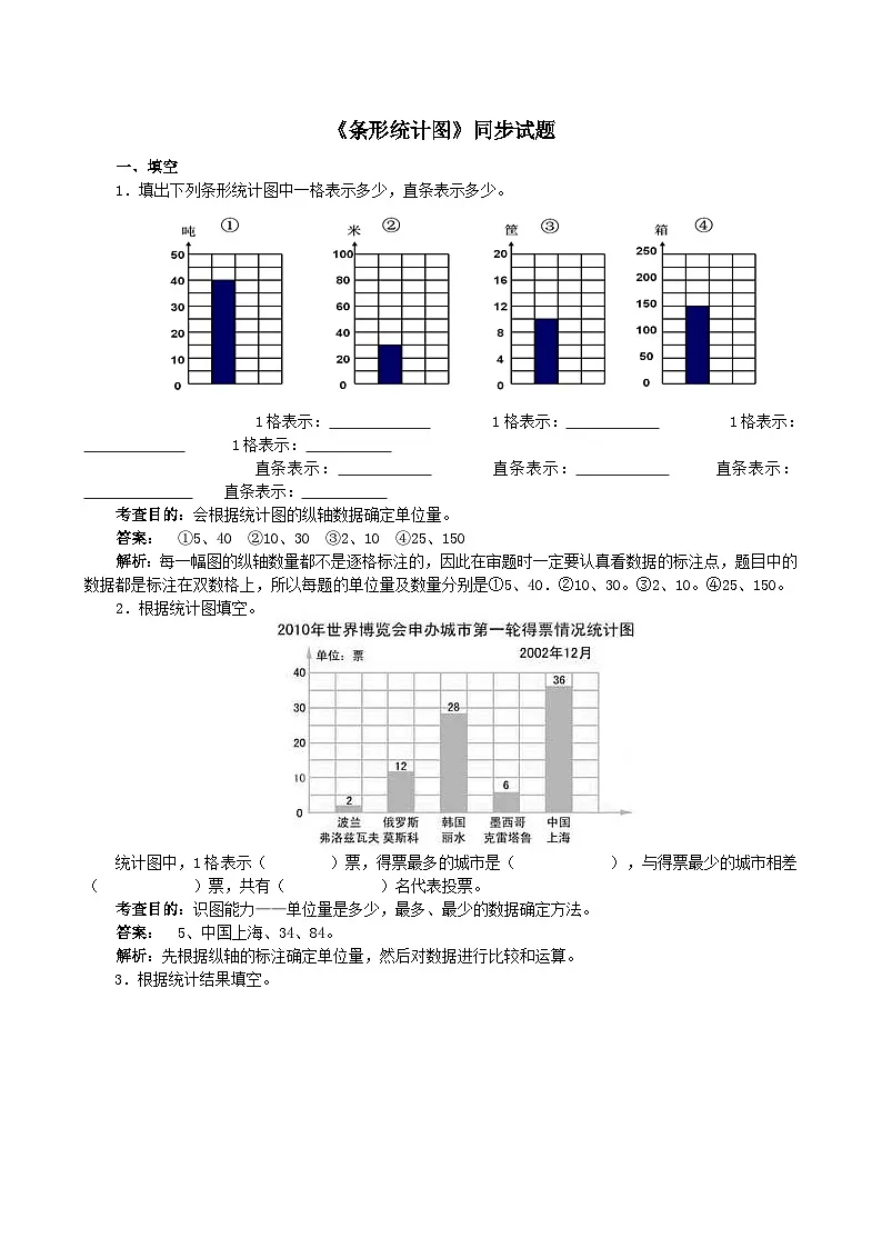 2023四年级数学上册7条形统计图单元练习题(人教版)第1页