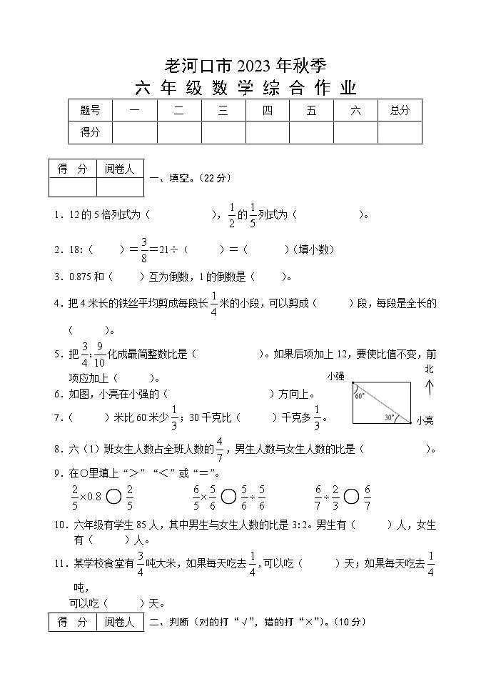 湖北省襄阳市老河口市2023-2024学年六年级上学期期中考试数学试题01