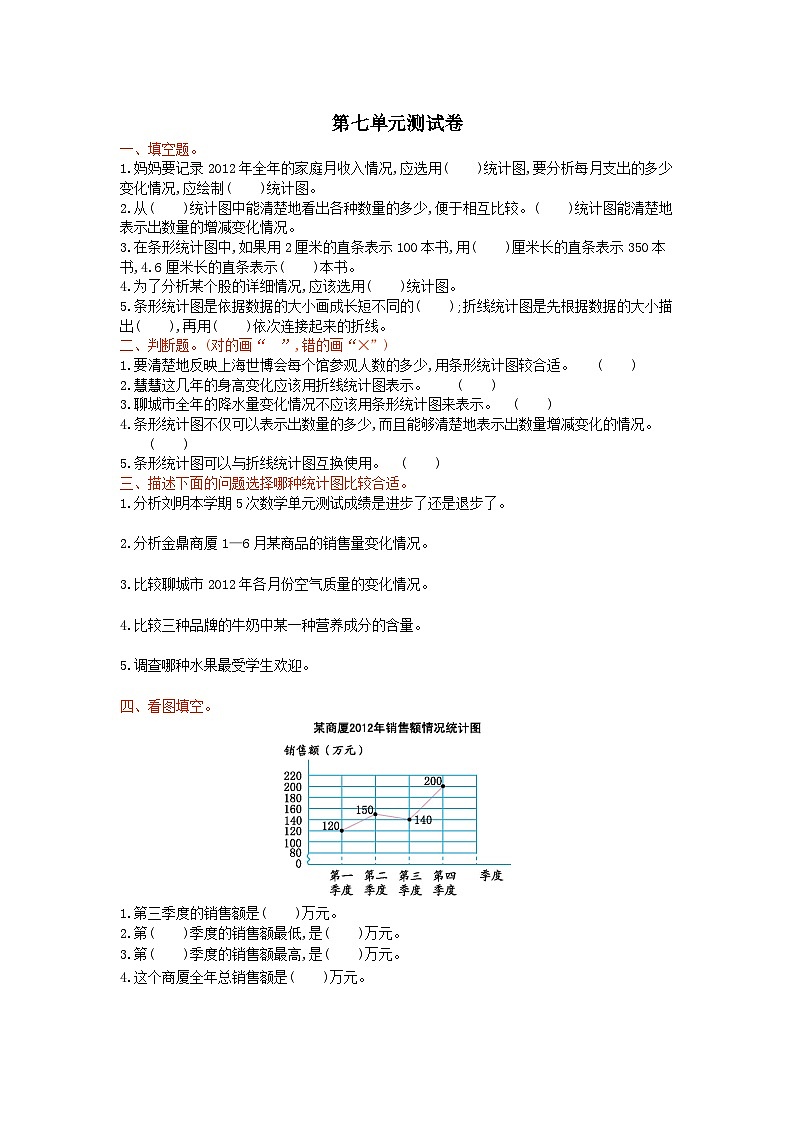 2023五年级数学上册七绿色家园--折线统计图单元测试卷(青岛版六三制)01